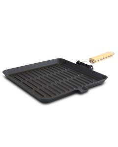 General Store Addlestone 11 Inch Pre-Seasoned Cast Iron Grill Pan with Foldable Wooden Handle