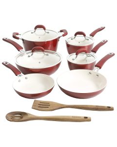 Kenmore Arlington 12 Piece Aluminum Ceramic Coated Nonstick Cookware Set in Metallic Red