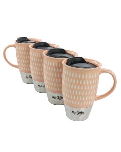 Mr. Coffee Coupleton Teardrop 4 Piece 15 Ounce Stoneware and Stainless Steel Travel Mug Set with Lid in Peach