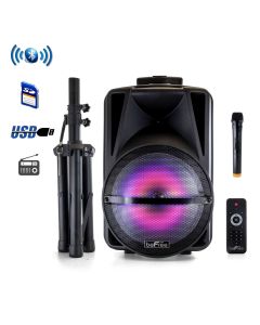 beFree Sound 12 Inch Bluetooth Rechargeable Portable PA Party Speaker with Reactive LED Lights and Stand