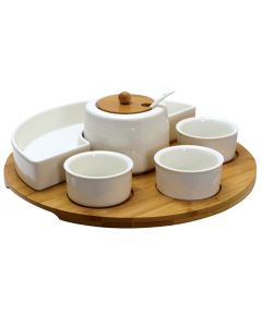Elama Signature 8 Piece Appetizer Serving Set with 4 Serving Dishes, Center Condiment Server, Spoon, and Bamboo Serving Tray