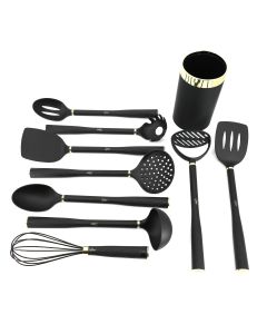 Gibson Home Hampsbridge 10 Piece Nylon Kitchen Tool Set and Utensil Crock in Black and Gold