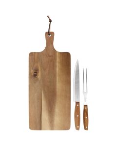 Gibson Elite 3 Piece Acacia Wood Serving Board with Carving Knife and Fork in Brown